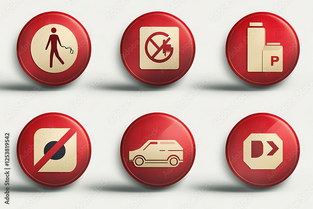Realistic set of prohibition signs with 3D symbols in red circles. Realistic set of prohibition signs with 3D symbols in red circles.