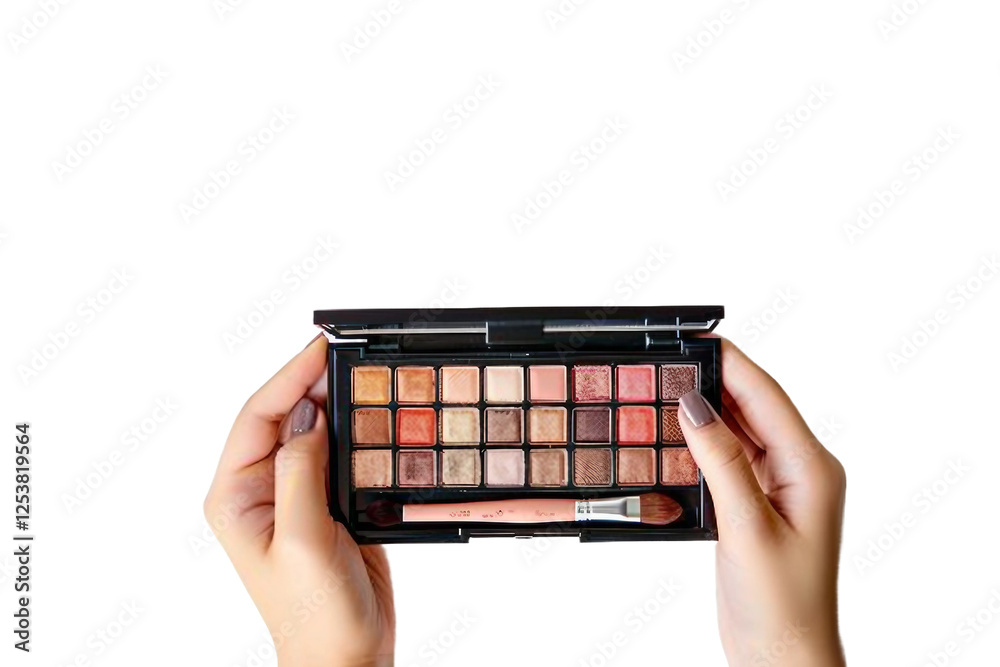 Hand holding an eyeshadow palette with a focus on professional makeup tools isolated on transparent background Hand holding an eyeshadow palette with a focus on professional makeup tools isolated on transparent background