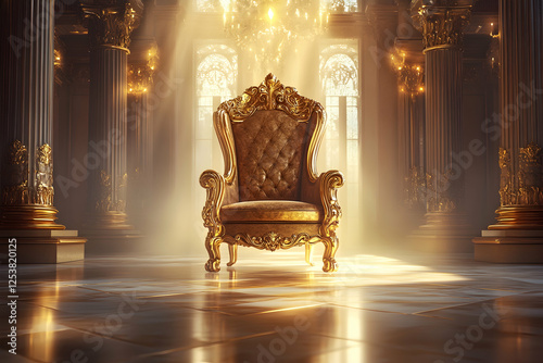A golden throne chair in a luxury palace with bright light shining through the window. The fantasy background and hyper-realistic details evoke a sense of royal power.