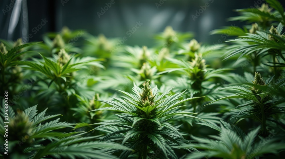 Lush plantation of healthy green plants with light green, unripened buds in an indoor garden. Lush plantation of healthy green plants with light green, unripened buds in an indoor garden.