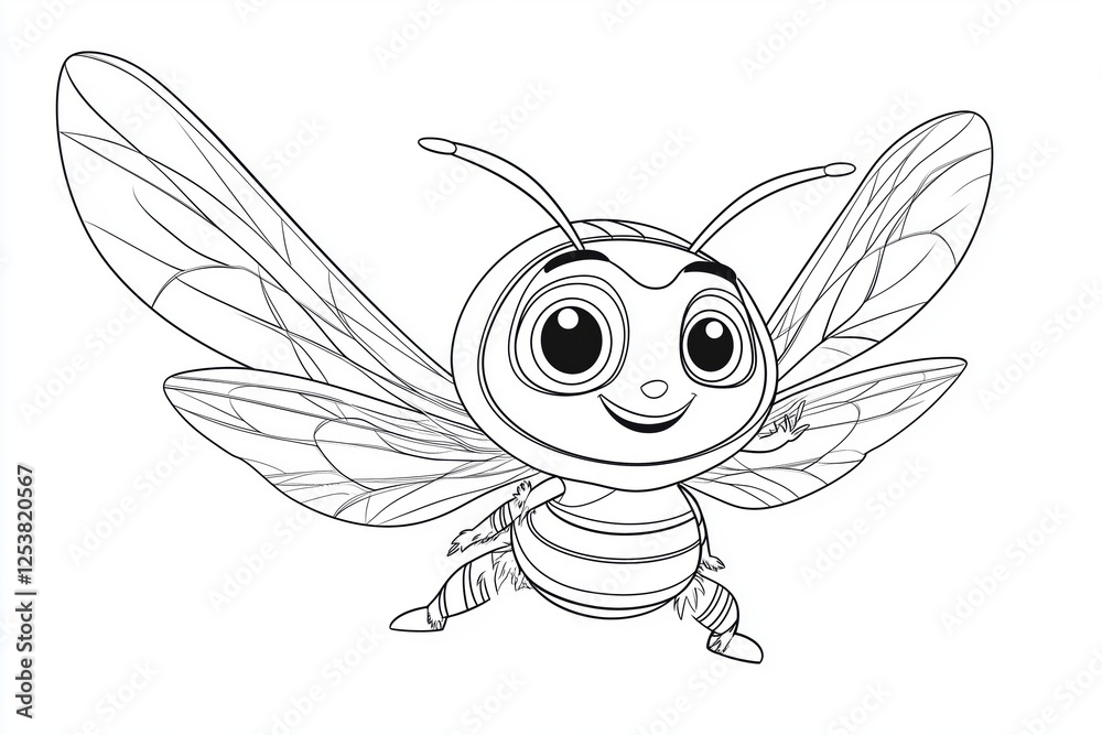 Fototapeta premium Happy bee cartoon coloring book drawing with wings open and smiling face