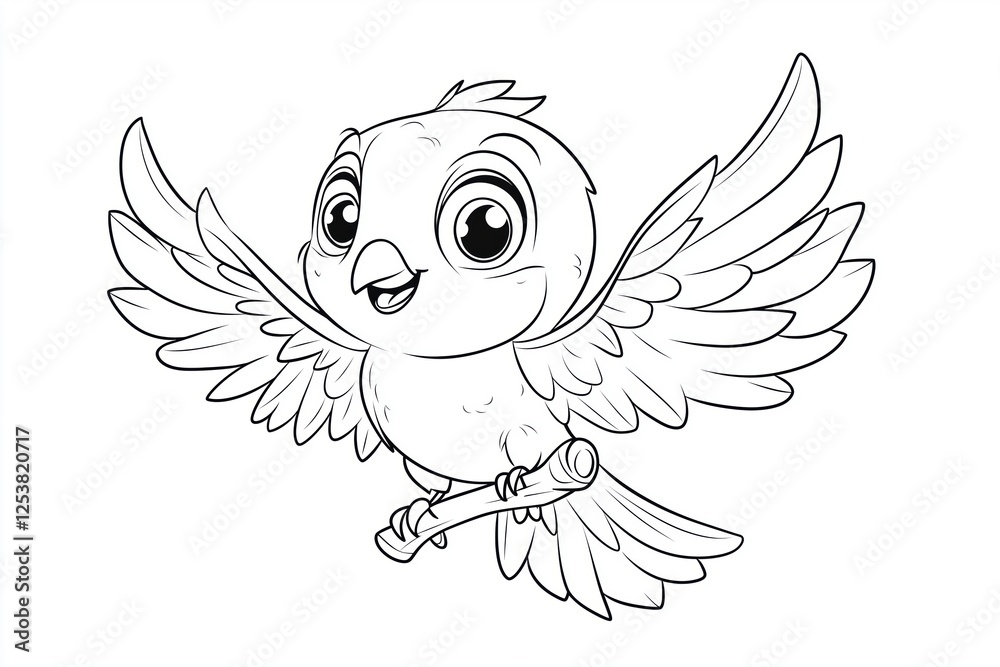 Fototapeta premium Cute little bird cartoon coloring book drawing flying with open wings
