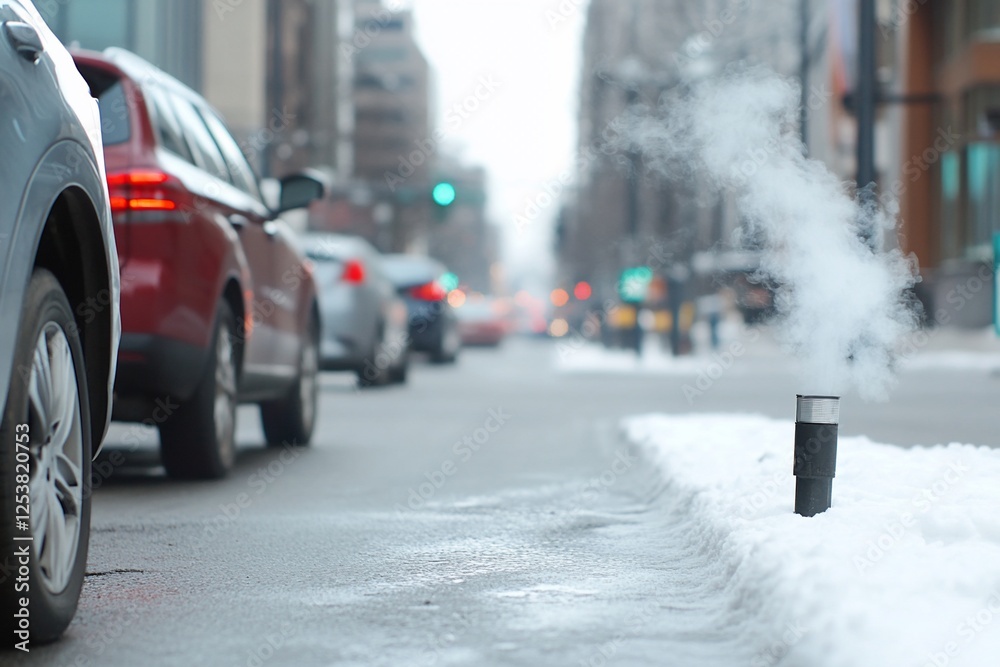 City street, winter steam, traffic jam, snow City street, winter steam, traffic jam, snow