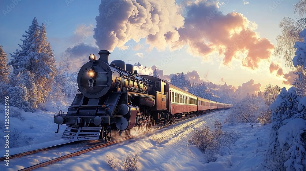 Obraz premium A train traveling through a snowy landscape, leaving a trail of steam.