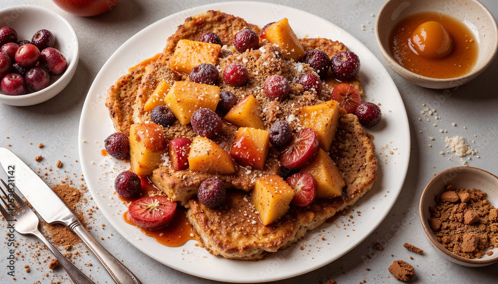Plate of Kaiserschmarrn, decadent dessert topped with fruits and syrup, sprinkled with powdered sugar Plate of Kaiserschmarrn, decadent dessert topped with fruits and syrup, sprinkled with powdered sugar