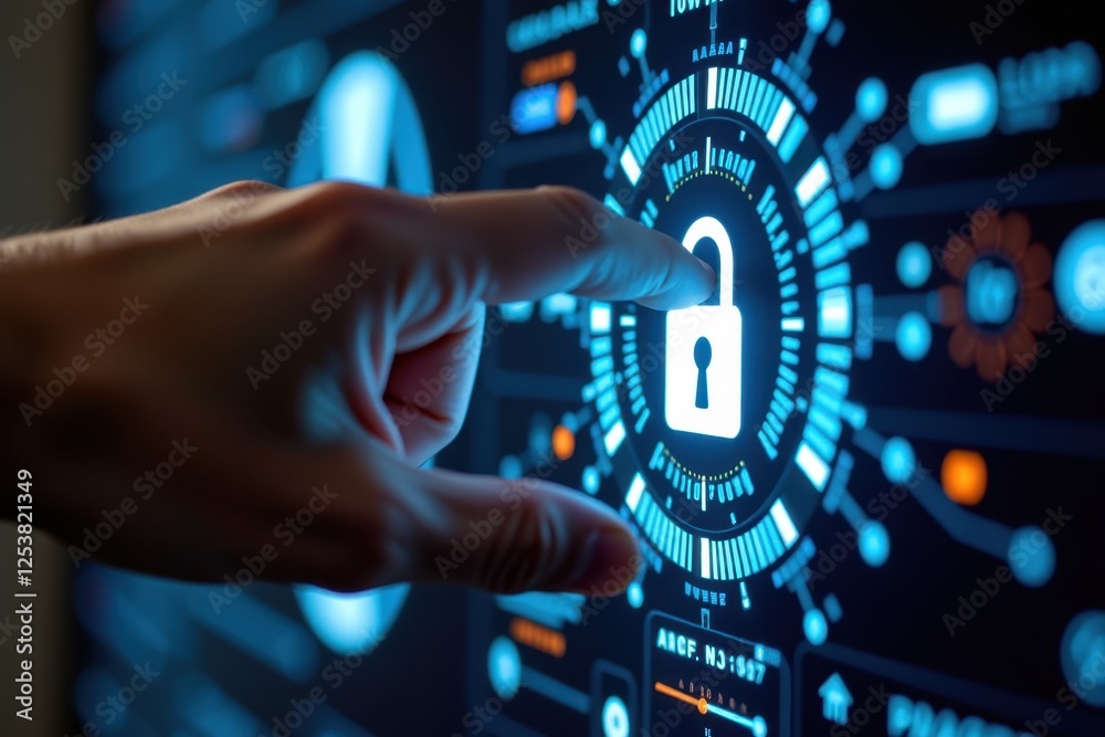 A high-tech digital padlock being unlocked by a fingerprint, set against a futuristic technology-themed background. The glowing biometric scanner highlights advanced security A high-tech digital padlock being unlocked by a fingerprint, set against a futuristic technology-themed background. The glowing biometric scanner highlights advanced security