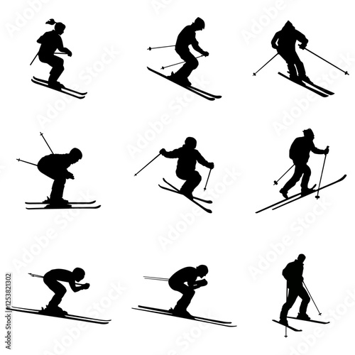 9 Black Skier Silhouette Vector Set – Minimalist Skiing Icons & Designs