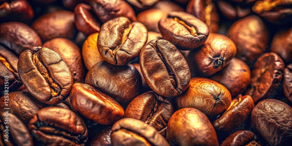 Obraz premium Close-up of dark roasted coffee beans, a vintage feel. Deep brown hues capture the essence of rich coffee.