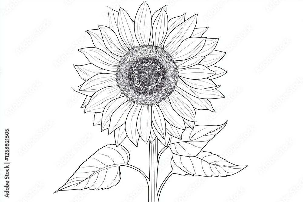 Fototapeta premium Symmetrical sunflower sketch drawing for coloring activity
