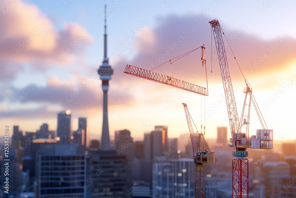 Cityscape construction sunset cranes Cityscape construction sunset cranes