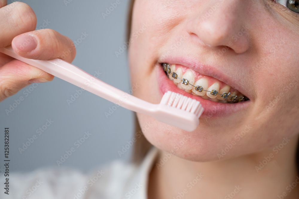 Portrait of a caucasian woman with braces on her teeth holding a toothbrush. Portrait of a caucasian woman with braces on her teeth holding a toothbrush.