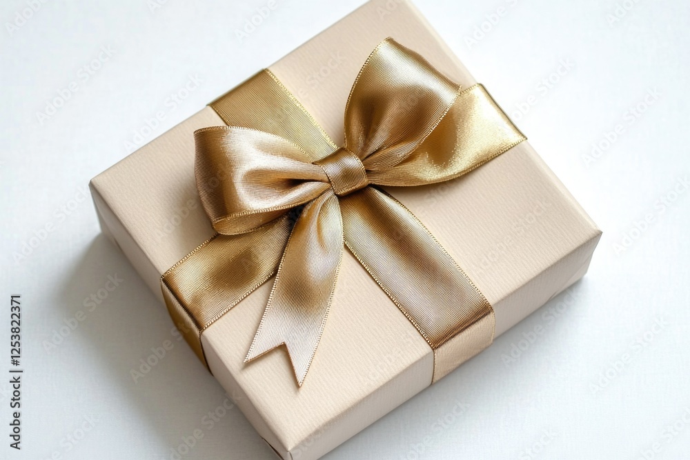 A gold-wrapped gift box with a festive gold bow on top, presented against a white background. A gold-wrapped gift box with a festive gold bow on top, presented against a white background.