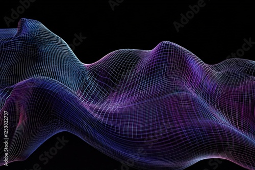 This image showcases a stunning abstract waveform rendered in vibrant blue and purple tones, featuring smooth curves and a captivating grid overlay.