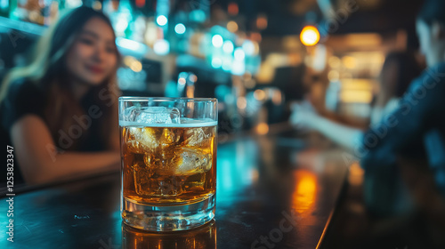 Wallpaper Mural Chilled cocktail resting on wooden bar with bartender mixing drinks behind, soft background blending into foreground Torontodigital.ca