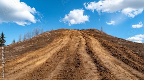 A steep dirt path leads up a hill under a bright blue sky dotted with fluffy white clouds, showcasing the raw beauty of a natural landscape.