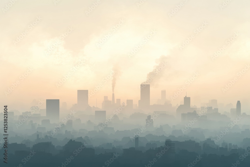 City skyline obscured by dense smog with industrial chimneys releasing thick smoke in the early morning light. Generative AI City skyline obscured by dense smog with industrial chimneys releasing thick smoke in the early morning light. Generative AI
