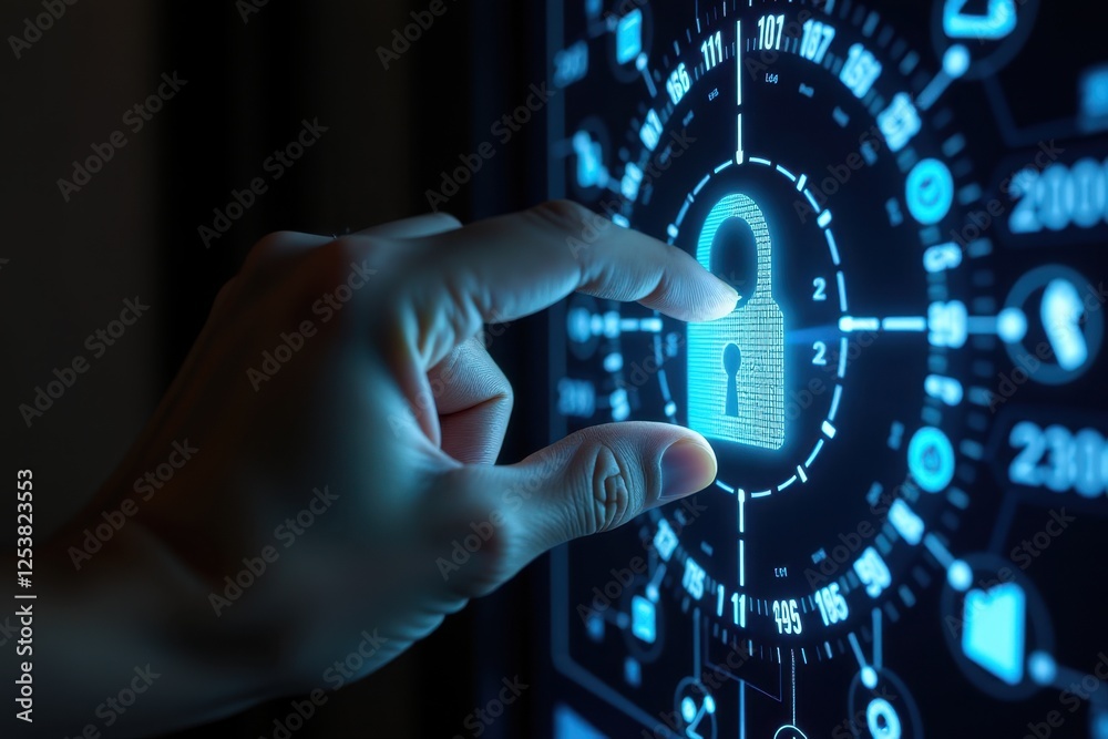 A high-tech digital padlock being unlocked by a fingerprint, set against a futuristic technology-themed background. The glowing biometric scanner highlights advanced security A high-tech digital padlock being unlocked by a fingerprint, set against a futuristic technology-themed background. The glowing biometric scanner highlights advanced security