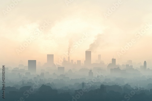 City skyline obscured by dense smog with industrial chimneys releasing thick smoke in the early morning light. Generative AI