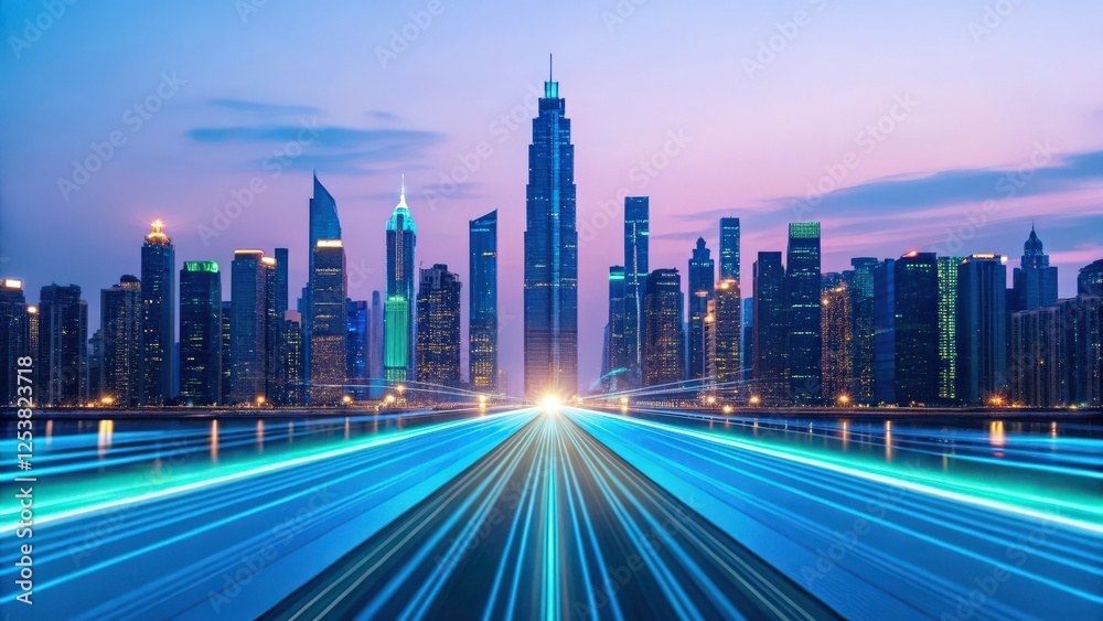 Obraz premium a mesmerizing cityscape with a road leading into the heart of the city at dusk. The road is lined with light trails, creating a sense of movement and energy. The skyscrapers rise up to the sky.