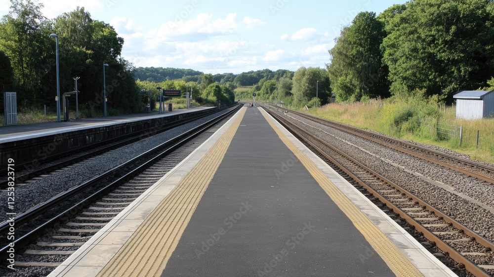 Naklejka premium An empty train station platform with parallel tracks leading into the distance.