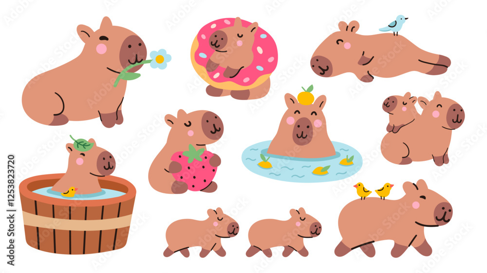 Obraz premium Cute kawaii capybaras set. Capybara characters, relaxing, eating, swimming in the water, sleeping, walking, bathing. Vector illustrations, simple flat mascots collection isolated on white background