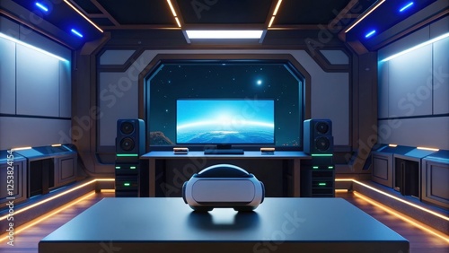 Fototapeta Naklejka Na Ścianę i Meble -  a futuristic gaming room with a vr headset on a table in front of a large screen showing a planet. the room is lit with neon lights and has a sleek, modern design. 