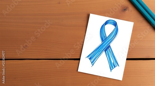 Hand-drawn teal awareness ribbon on white card, placed on a wooden surface, with two pencils beside it. photo