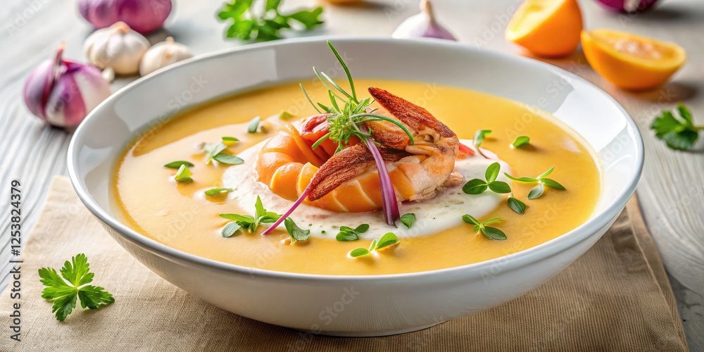 Creamy lobster soup, minimalist style. A poached egg crowns the white bowl. Creamy lobster soup, minimalist style. A poached egg crowns the white bowl.