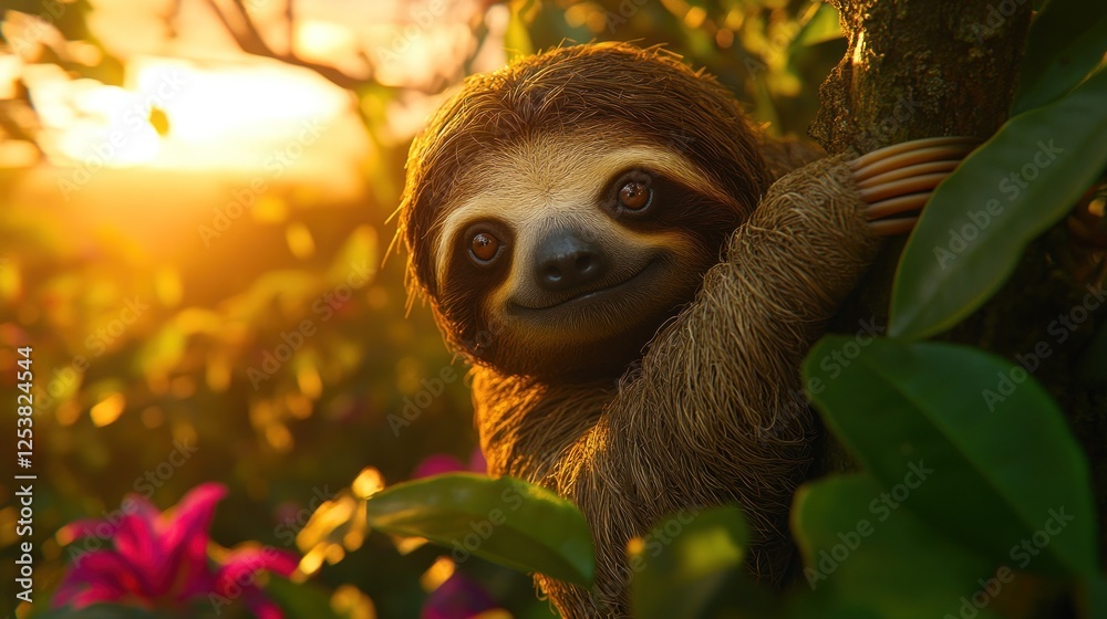 Fototapeta premium Happy sloth clinging to tree at sunset.