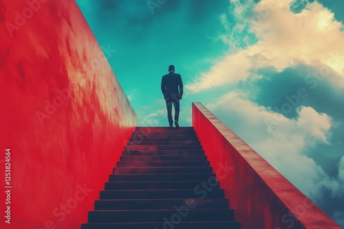 Wallpaper Mural Businessman climbing red stairway to success under cloudy sky Torontodigital.ca