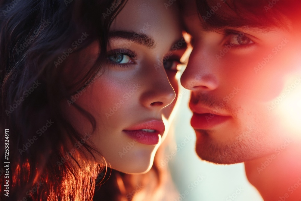 Romantic couple sharing intimate moment at sunset Romantic couple sharing intimate moment at sunset