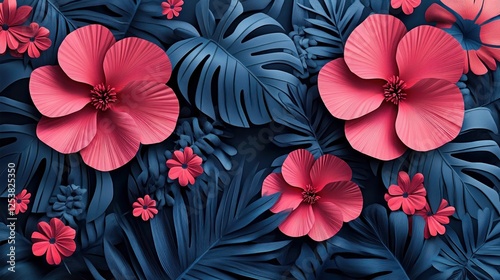 Vibrant Coral Blooms Amidst Lush, Navy Tropical Foliage: A Paper Flower Paradise