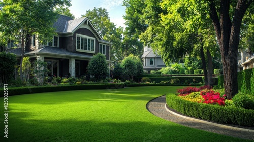 A beautiful home in the city of Dallas, Texas, with lush green grass and large trees in the front yard. The house has three stories and is located on an upscale street with other high-end homes nearby