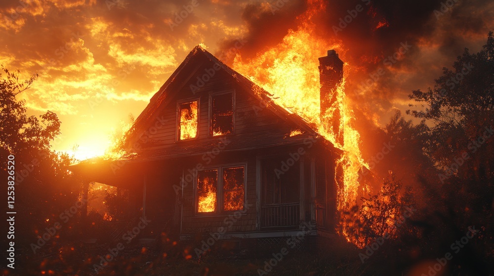 House engulfed in flames at sunset. House engulfed in flames at sunset.