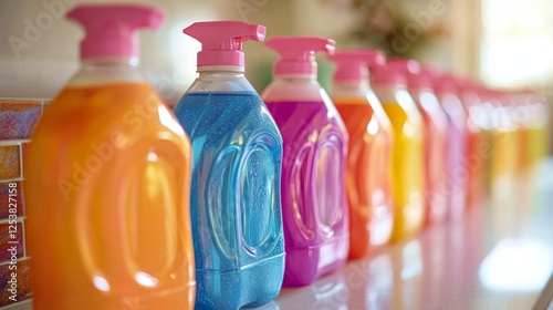 Colorful liquid detergent bottles arranged neatly in a stylish kitchen