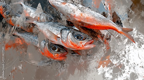 Freshly caught fish pile, artistic paint splash effect.