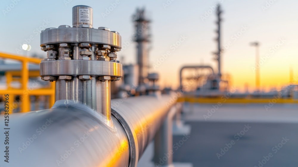 Industrial pipe fitting at sunset, refinery, close-up