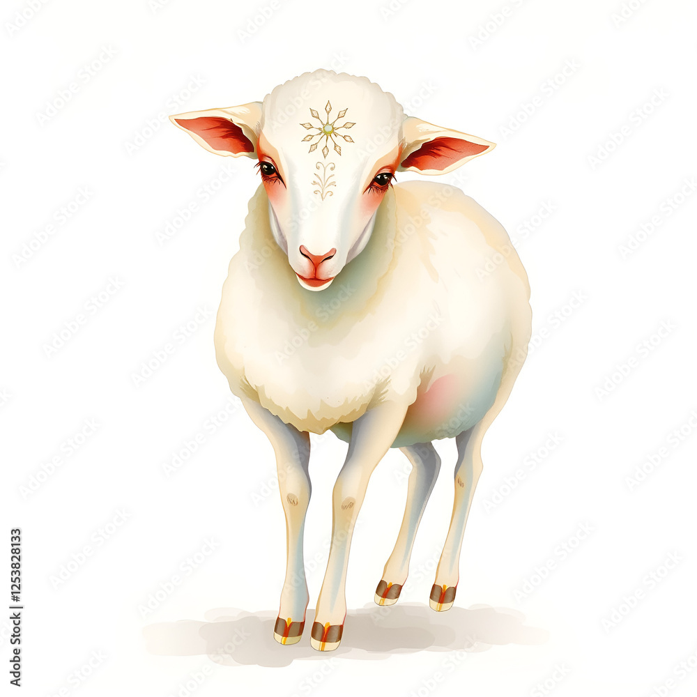 Obraz premium Gentle Watercolor Sheep with Decorative Marking in Soft Natural Tones