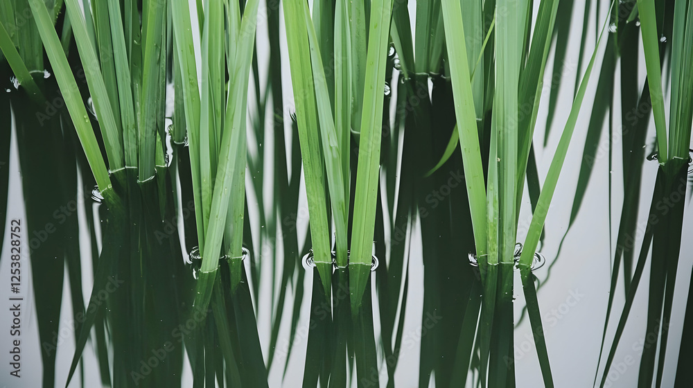 Obraz premium Lush green reeds reflected in calm water. Nature background