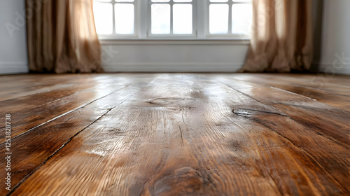 Rustic wooden floor, bright window, beige curtains, empty room, home interior design