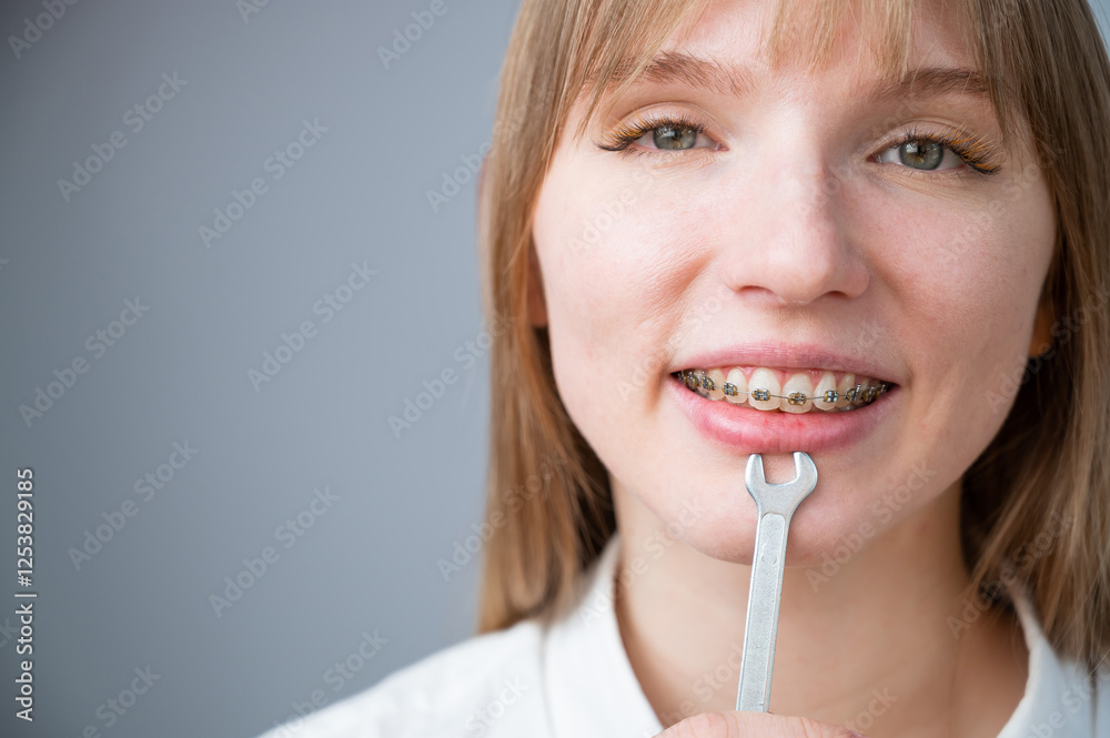 The woman jokingly tightens the wire of the brakes with a wrench. Bite correction device The woman jokingly tightens the wire of the brakes with a wrench. Bite correction device