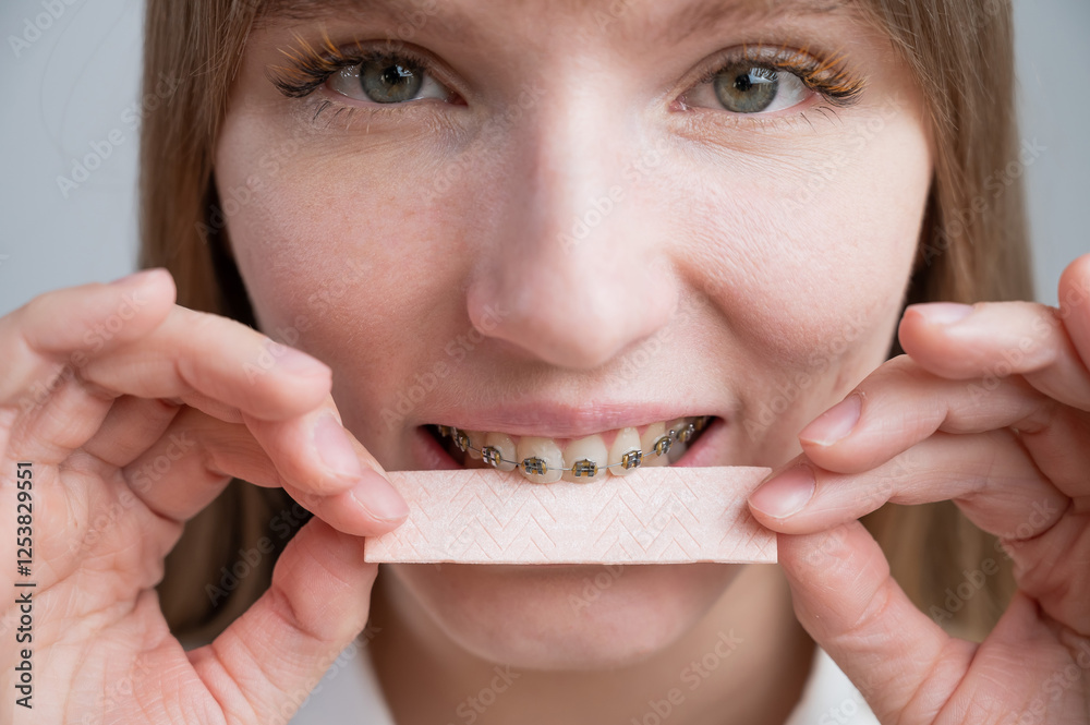 Young woman with metal braces on her teeth is chewing gum. The girl is eating gummy candy Young woman with metal braces on her teeth is chewing gum. The girl is eating gummy candy
