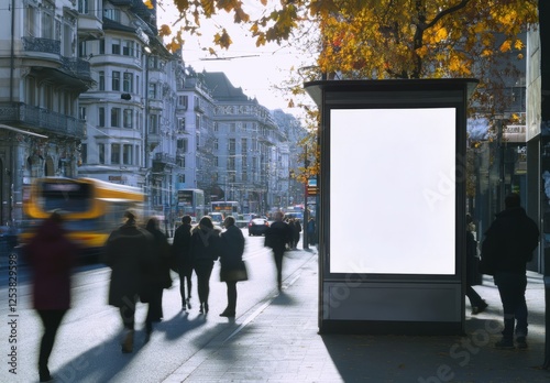 Mock up of a bus stop in a busy urban street during autumn with pedestrians and vibrant foliage