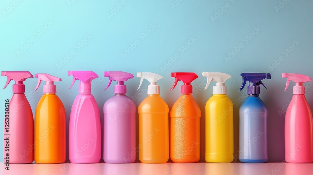 Colorful spray bottles lined up on a shelf against a light blue background Colorful spray bottles lined up on a shelf against a light blue background