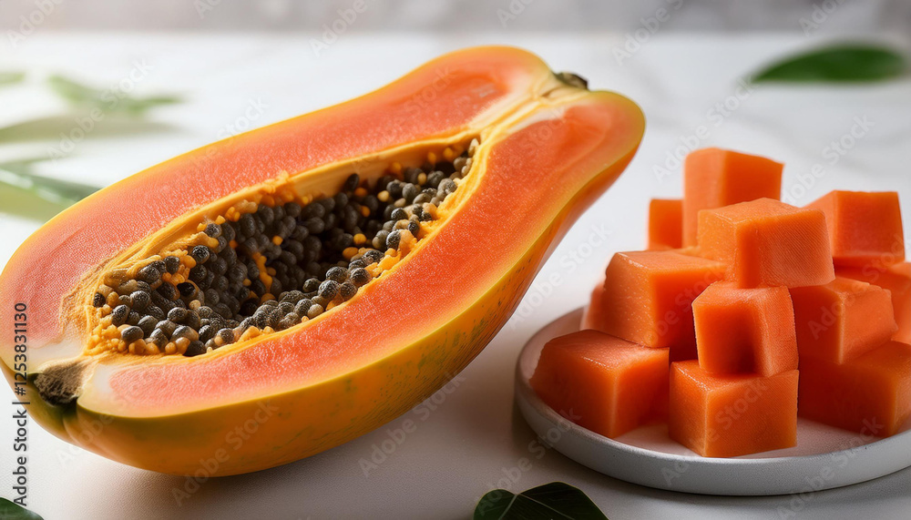 closeup of papaya half and slices on white marble closeup of papaya half and slices on white marble