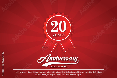 20th years anniversary celebration emblem. elegant golden anniversary logo isolated with red ribbon and medal badge on red background. vector illustration