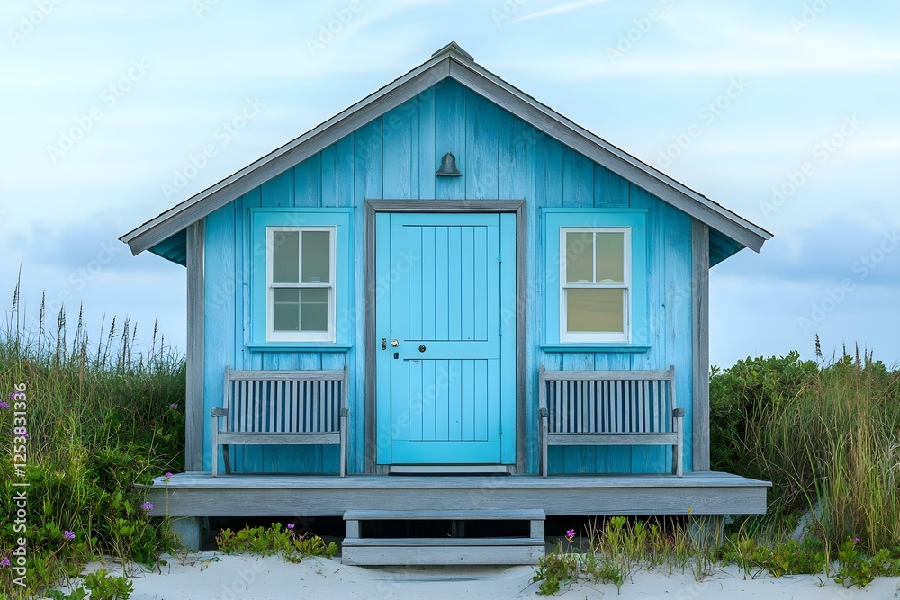 A small blue beach house with white trim, featuring two benches and surrounded by grass and flowers. Concept Beach House Architecture, Coastal Decor, Outdoor Seating, Floral Landscape A small blue beach house with white trim, featuring two benches and surrounded by grass and flowers. Concept Beach House Architecture, Coastal Decor, Outdoor Seating, Floral Landscape