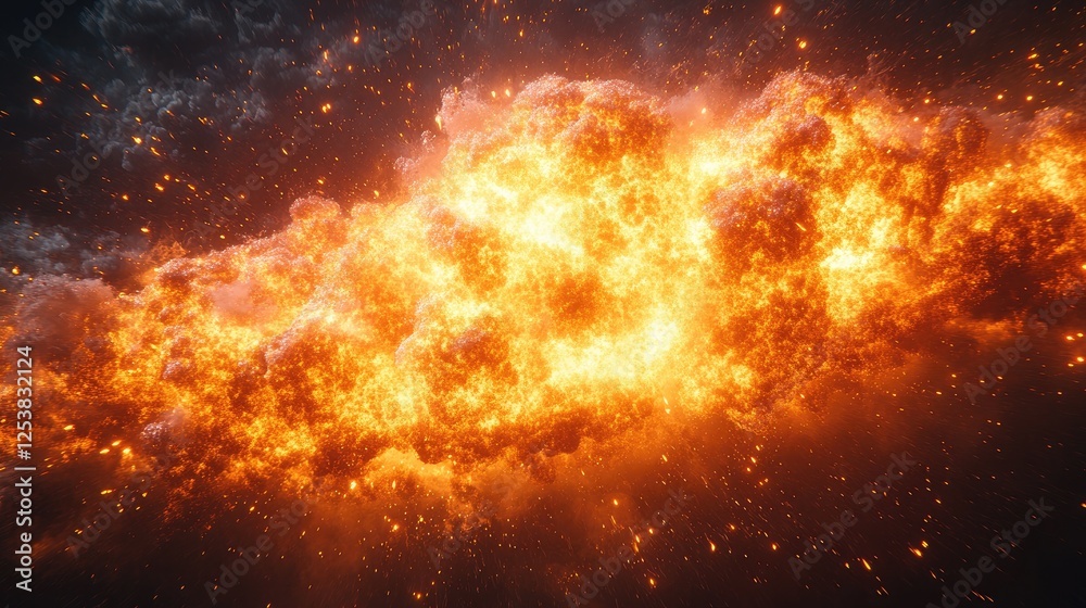 An explosive fireball erupts from a central point, An explosive fireball erupts from a central point,
