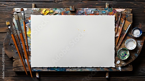 Art supplies arranged on a wooden table with a blank canvas, watercolor palette, and brushes. photo