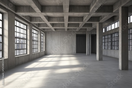 This image presents a minimalist open space featuring a polished concrete floor, designed with a modern aesthetic that invites creativity and allows for versatile use. photo